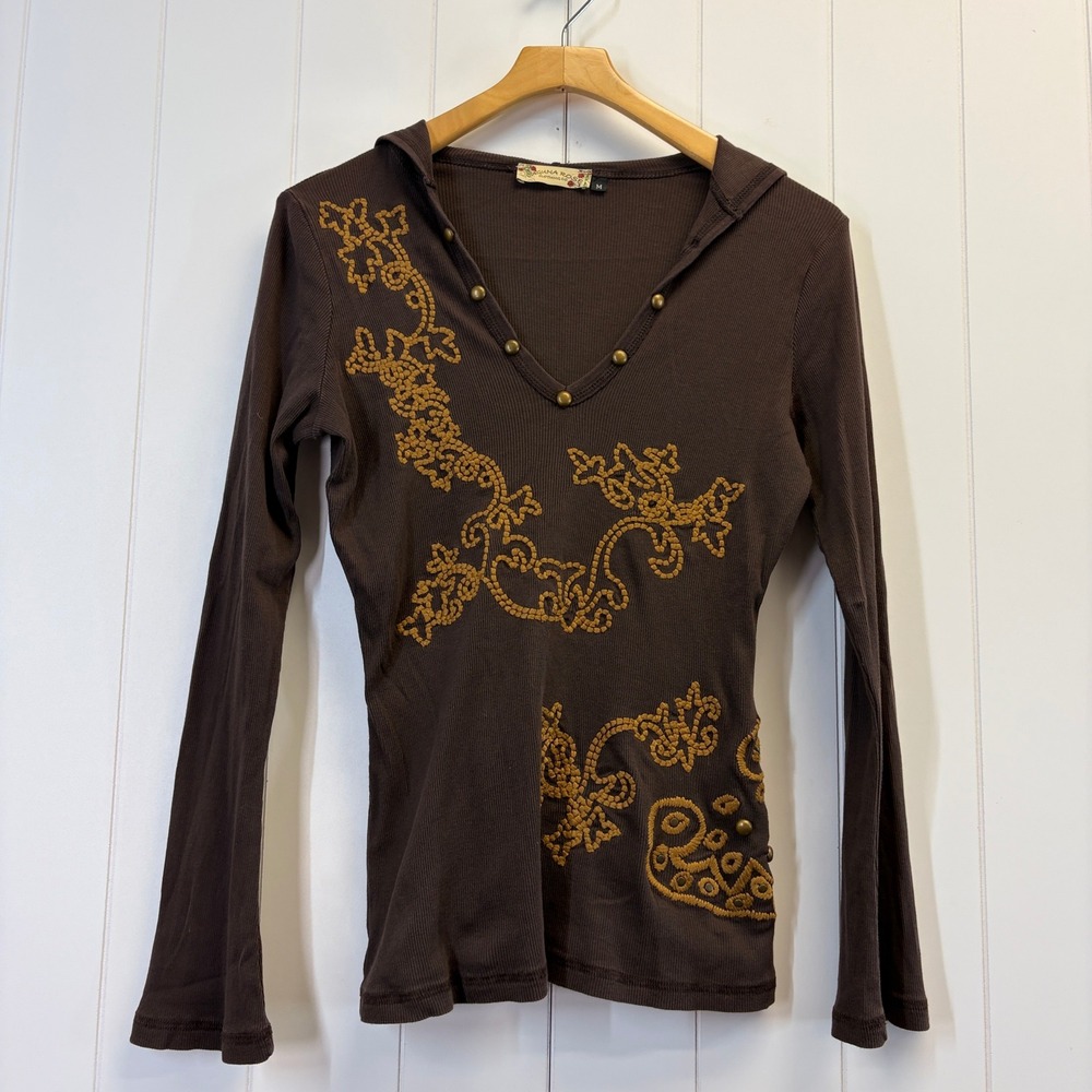 Laguna Rose Y2K Ribbed Embroidered Hooded Top Women Size M Boho Indie Grunge